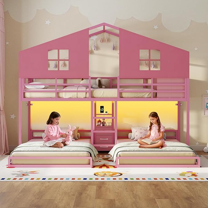 BTHFST Triple Bunk Bed Twin Size with House, 4 Storage Drawers, Charging Station and LED Lights, Metal Kids Bunk Bed with 13.4" H Safety Guardrail and Play Curtain, DIY House Shaped Bed, Pink