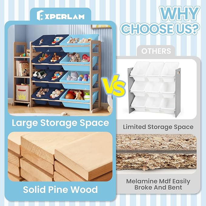 Toy Storage Organizer - Toy Organizers and Storage with Bookshelf, Toy Storage Shelf with 3 Shelves and 12 Storage Bins, Kids Bookshelf and Toy Storage for Kids Room, Playroom, Bedroom, Nursery, Blue