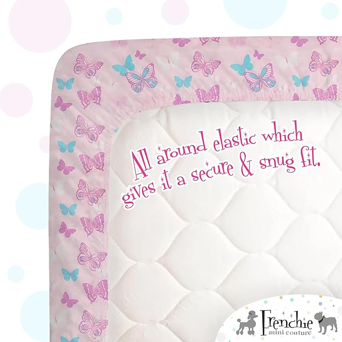 Frenchie Mini Couture, Crib Sheets 2 Pack, 100% Woven Cotton, Fitted Mattress Covers, Fits Standard Size Toddler Bed 28 x 52 x 8in, Butterfly