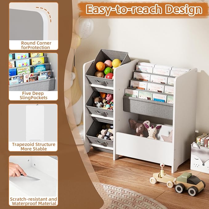 Kids Bookshelf and Toy Storage Organizer, Wooden Montessori Bookcase with Fabric Bins for Toddler, Small Room and Playroom Book Shelf for Reading Nook and Bedroom, White