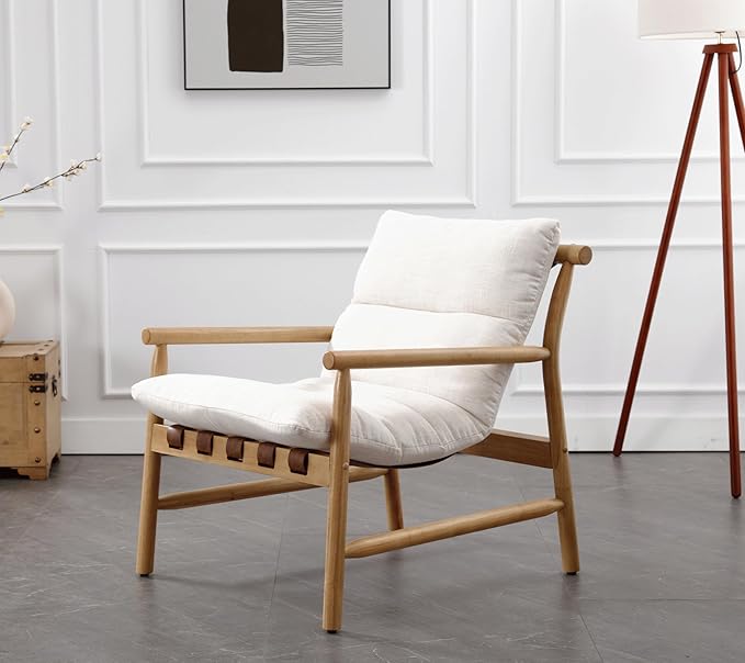 Linen Accent Chair Mid Century Modern Living Room Chairs Comfy Arm Chair with Solid Wood Frame Upholstered Lounge Reading Chair Cozy Recliner for Bedroom/Guest Room, Beige