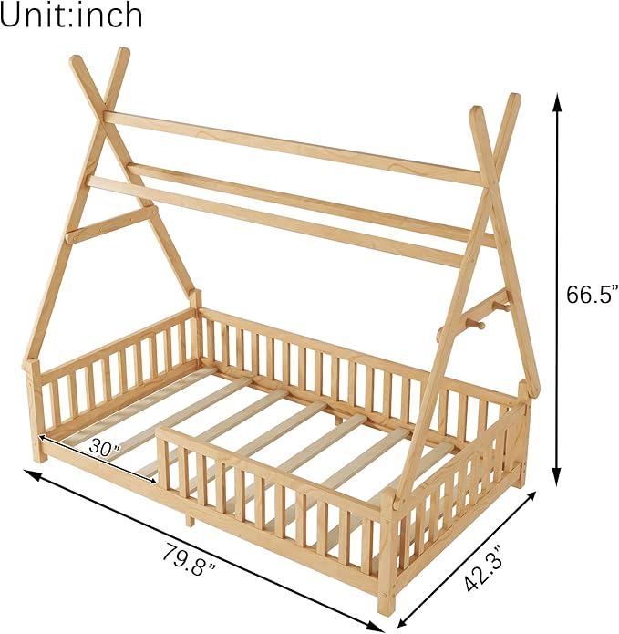 Twin House Bed with Roof & LED Light, Low Profile House Bed with Fence, Safe Guardrails, DIY-Friendly for Boys & Girls, Solid Wood & MDF Construction, No Box Spring Required, Natural
