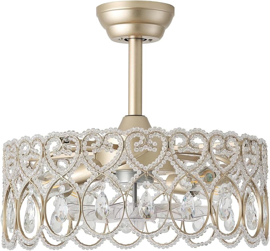 20" Gold Crystal Fandelier Ceiling Fans with Lights, Gold Chandelier Ceiling Fan with Light Remote Control, Mid-Century Modern Caged 6 Speeds for Bedroom, Nursery, Foyer, Living Room