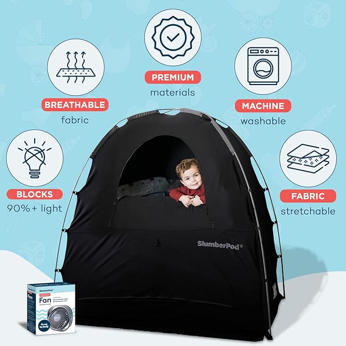 SlumberPod with Fan The Original Blackout Sleep Tent Travel Essential for Baby and Toddlers, Mini Crib and Pack n Play Cover, Sleep Pod with Monitor Pouch and Fan Pouch, Blocks 95%+ Light, Black