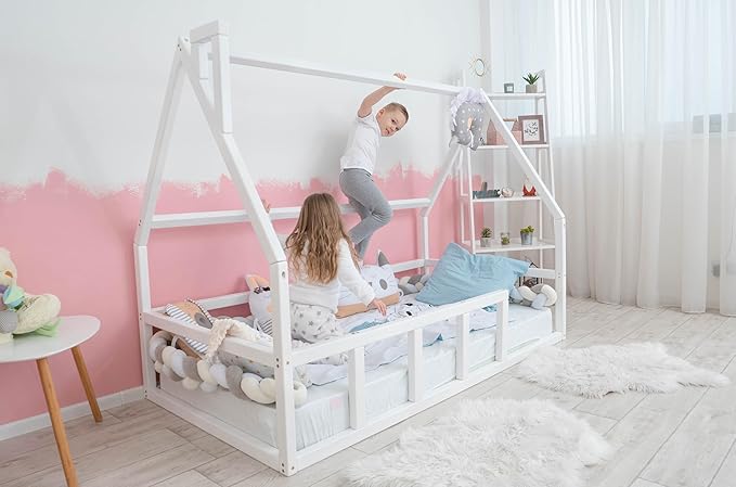 BUSY WOOD Montessori Floor Bed for Toddlers - Loft Bed - Twin Bed for Toddlers - Full Bed Floor - Kids Bed with Railings - Montessori Bed Frame - Montessori Bed - Platform Bed (Model 1)