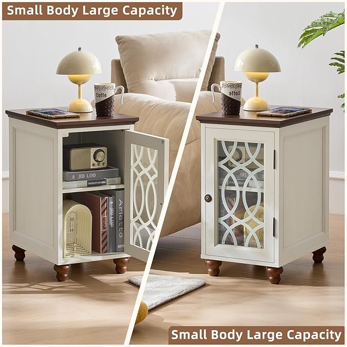 Narrow Side Table Set of 2 with Glass Door, 18 x 14'' Night Stand with Adjustable Shelf Storage Cabinet Organizer, Bedside End Tables Wood Nightstand for Small Spaces Living Room Bedroom