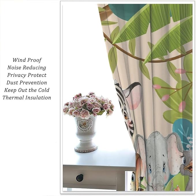 Animals Curtains Colorful Forest Cartoon Cute Zebra Tiger Elephant for Kids Boys Girls Nursery Bedroom Living Room Blackout Rod Pocket Decoration Window Drapes 2 Panels W21xL54in