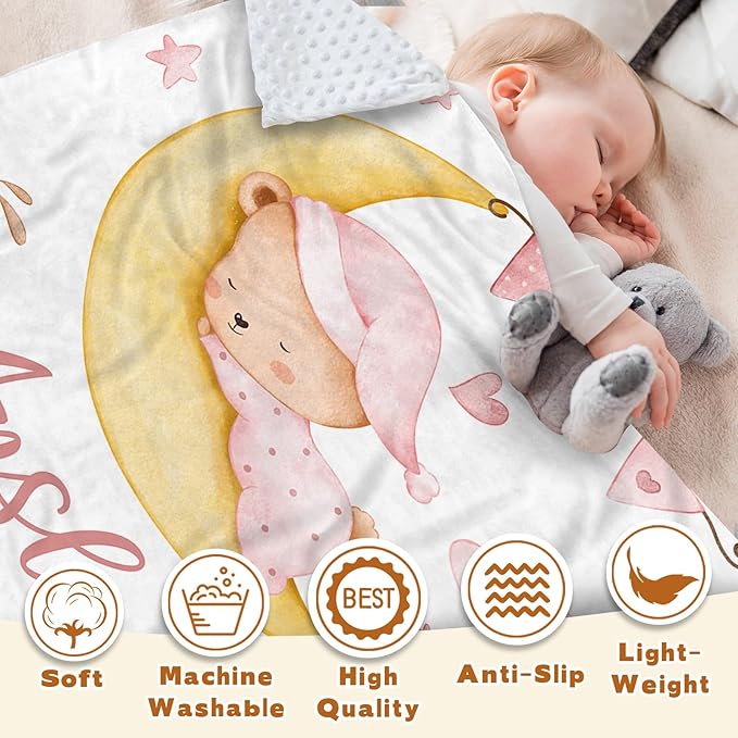 Personalized Baby Blanket for Girls, Custom Name Blanket for Newborn Toddler, Soft Flannel with Double Layer Dotted Backing, Gifts for Baby Shower Christmas Birthday, Pink Moon Bear(47" x60)