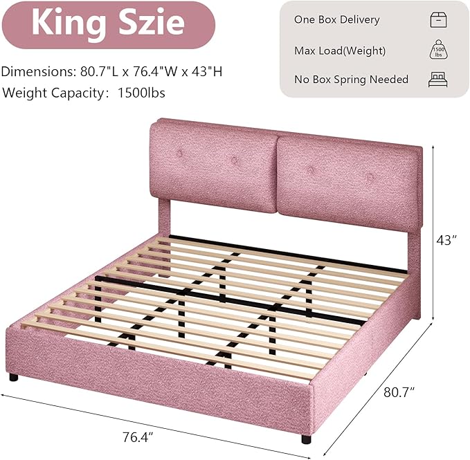 Boucle Upholstered Bed Frame King Size, Low Platform Bed King, Modern Soft Style, Adjustable Headboard, No Box Spring Needed, Easy Assembly, Pink