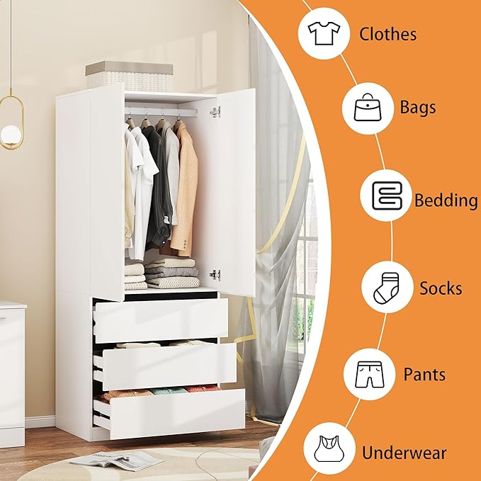 White Armoire Wardrobe Closet with 2 Doors, 75" Bedroom Wardrobe Closet for Hanging Clothes, Modern Wood Storage Closets Cabinet with System (A+B, 63")