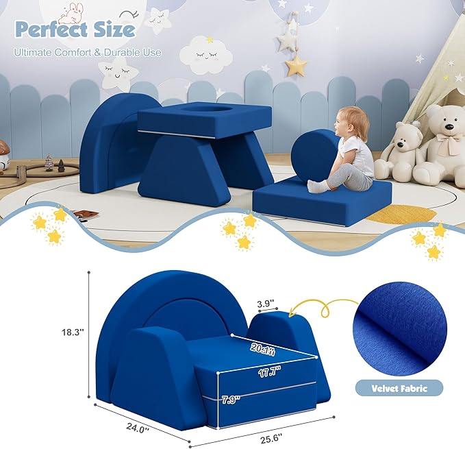 7 PCS Modular Kids Play Block Couch Child Sectional Sofa Toddler Building Fortplay Bedroom Playroom Baby Convertible Floor Foam Cushion for Boys & Girls (Blue-Single)
