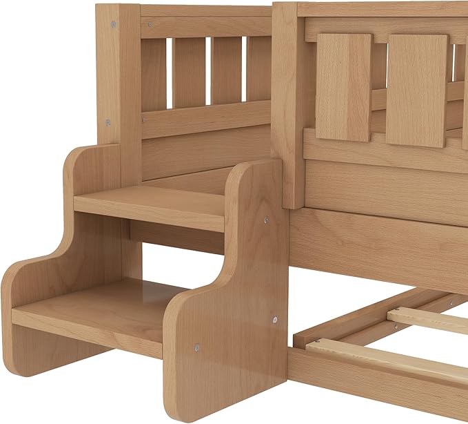 Bellemave Full Size Kids Bed with high Rails and with Built-in Bookshelf and Trundle for Kids, Girls, Boys, Wood Montessori Bed Without Door, Natural