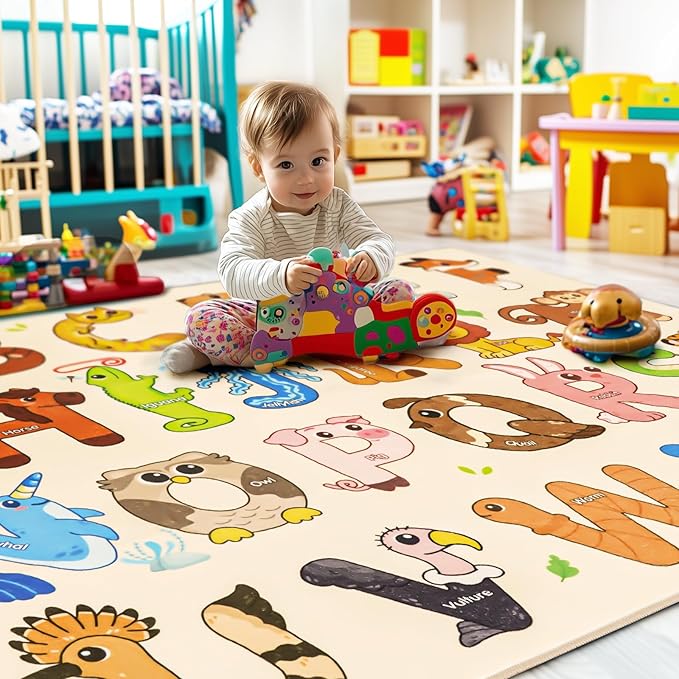 Kids Rugs for Playroom, 8x10 Feet Educational Rug for Learn The ABC Alphabet, Soft Machine Washable Non-Slip Cute Animal Carpet for Classroom Toddler Nursery Kids Room Decor Mat, Beige