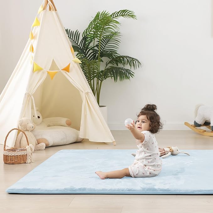 1.5" Thick Baby Play Mat for Floor, 39x59 Playpen Mat, Pro Soft Flannel Foam Mats Toddler Infant Kids Crawling for Nursery Rug Playroom Living Room Waterproof Easy Care Non-Slip (Baby Blue)