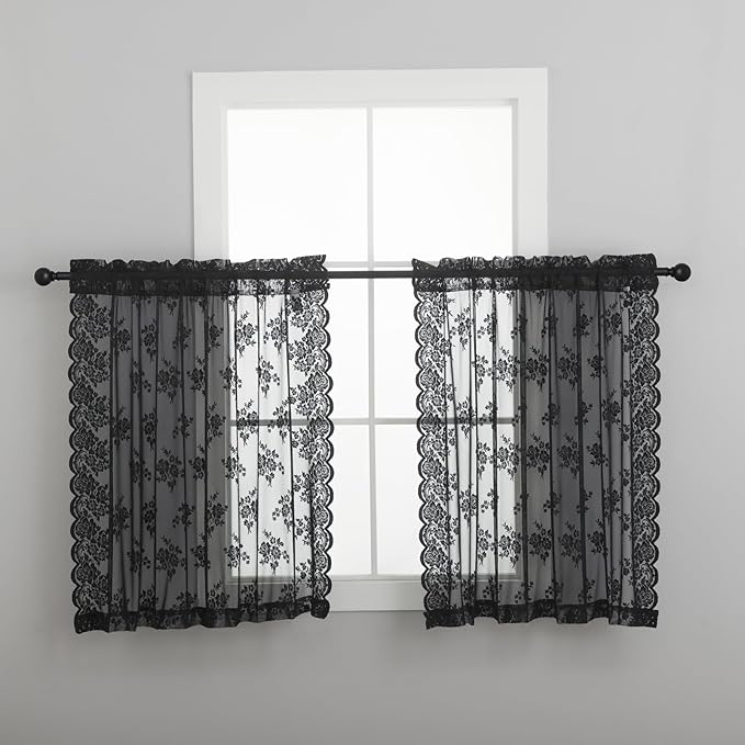 Kotile Short Black Lace Curtains 36 Inch Length 2 Panels, Country Rustic Floral Goth Floral Sheer Curtains for Small Window, Rod Pocket Privacy Lace Cafe Curtains, 42 x 36 Inch Each, 1 Pair, Black
