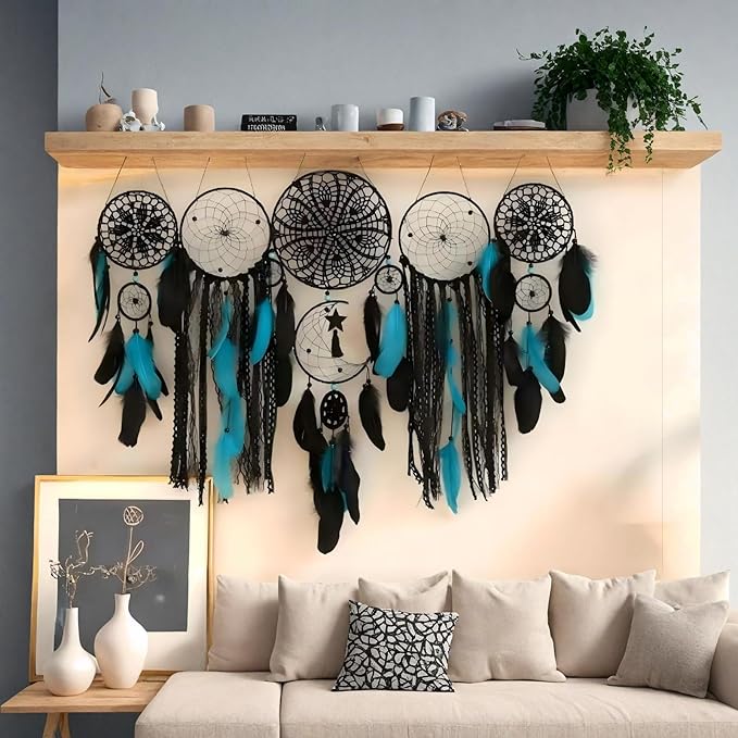 Dream Catcher Wall Decor,Large Boho Dream Catcher with Luxurious Feathers & Beads, Handmade Wall Hanging for Bedroom, Nursery, Living Room, Gift Ready for Girls & Adults (Black-Blue)