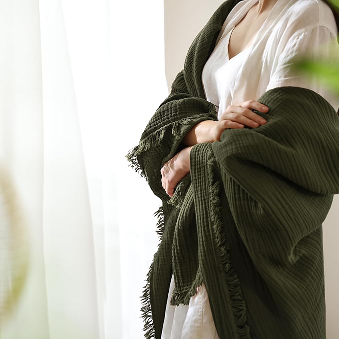 MooMee Muslin Blanket - 100% Cotton 4-Layer Gauze Throw Blanket with All-Around Fringe, Ultra-Soft Breathable Lightweight Cooling Decorative for Bed, Sofa & Couch (Olive Green,Super King 108" x 98")