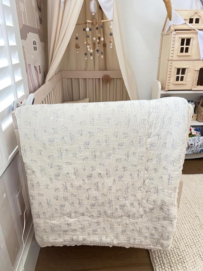 BuLuTu Boys Girls Toddler Bed Quilted Blanket Cotton Muslin Thin Summer Comforter for Twin Size Bed, Soft Breathable Kids Quilt with Lace Edges, 60x78 Inches, Blue Cat Pattern, No Pillow