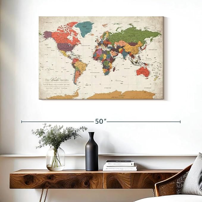 ElephantStock - Personalized World Awaits II Push Pin World Map Wall Art - Horizontal Canvas Wall Art - Living Room Wall Decor - Digital Art Map Canvas Art - Green And Beige Decor - 39" x 26"