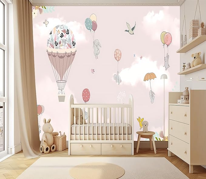 XMPMBM-Pink Clouds hot air Balloon Nursery Room Fabric Wallpaper Cartoon Animals Bedroom Wall Mural-W 154" X H 105"（112 Square Foot）