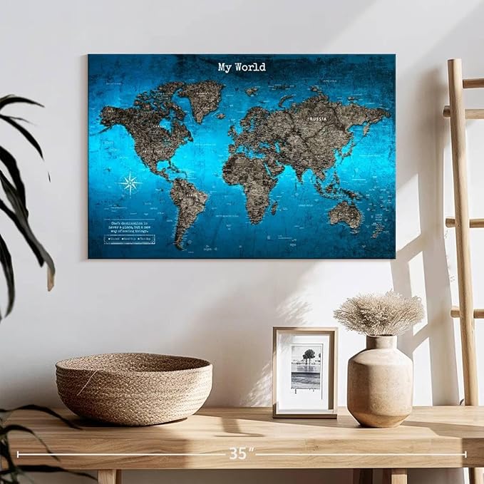 ElephantStock - My World Push Pin Travel Map Iii Wall Art - Horizontal Canvas Wall Art - Living Room Wall Decor - Digital Art Map Canvas Art - Turquoise And Blue Decor - 24" x 16"