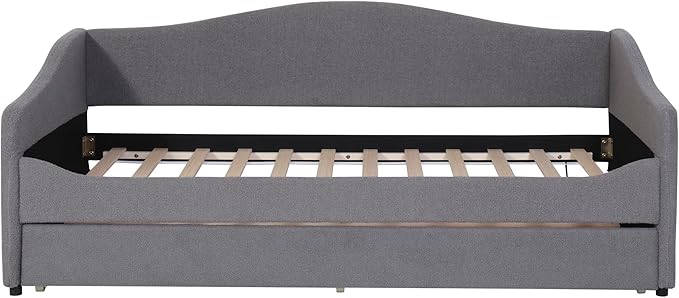 Merax Twin Size Upholstered Daybed with Light and Trundle, Gray Teddy Fleece Sofa Bed Modern Wooden Platform Bed Frame for Bedroom, Living Room, Guest Room, Apartment