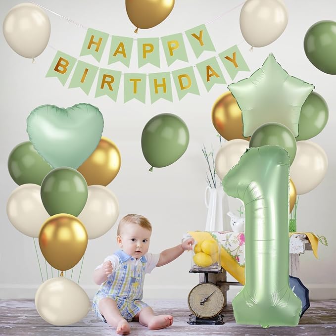 1st Birthday Decoration for Boys Girls, Sage Green White Gold 1st Birthday Balloon with 40 Inch Number 1 Balloon Star Heart Balloons and Happy Birthday Banner for Baby 1 Year Old Birthday Party Decor