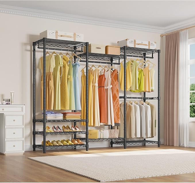 VIPEK V5 Portable Closet Wardrobe Heavy Duty Clothes Rack, Freestanding Clothing Rack with 4 Hang Rods & 8 Shelves, Adjustable Closet Racks, 68.9" L x 15.7" W x 76.4" H, Max Load 890LBS, Black