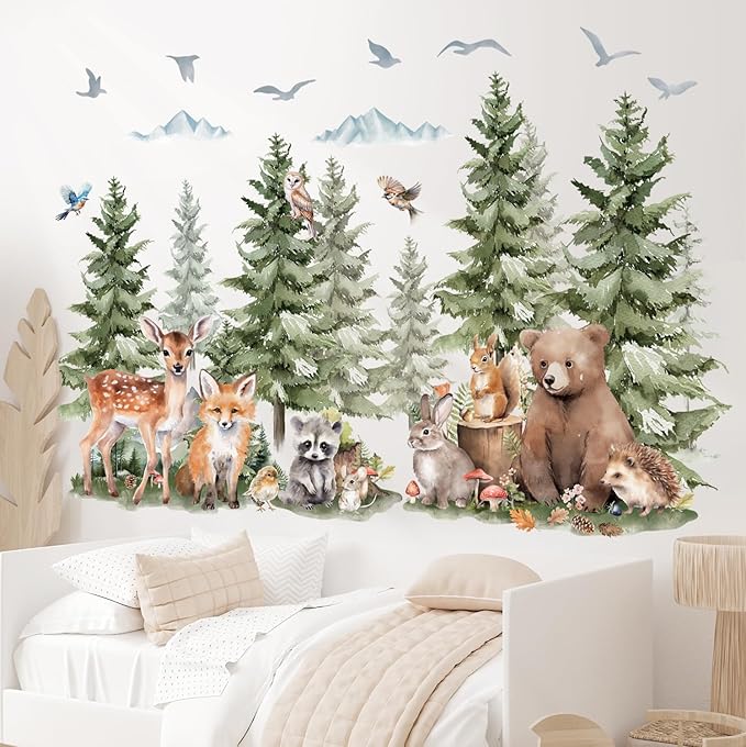 DECOWALL SG4-2422 Large Pine Trees and Forest Animals Wall Decal Stickers Mountain Bear Fox Peel and Stick Wall Art Decals for Kids Room Baby Nursery Woodland Wallpaper Living Bedroom