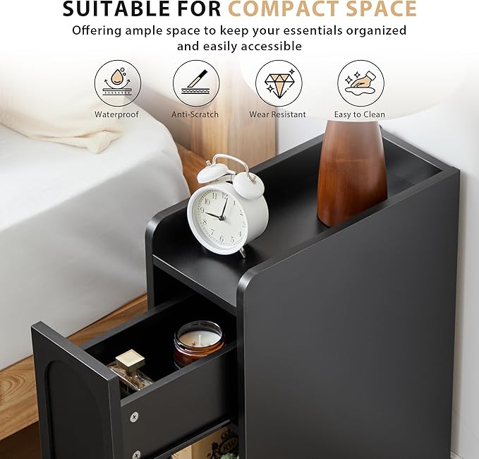 Narrow Nightstand, Slim Bedside Table with Raised Edge Top, Arched Drawer & Open Shelf, Modern Wooden Small Side End Table for Bedroom or Living Room (1, Black)