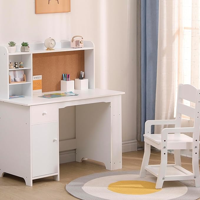 GarveeHome Kids Desk and Chair Set, Wooden Study Table with Storage Shelf, Bulletin Board, Children School Learning Desk Set, Writing Table for Boys and Girls, White