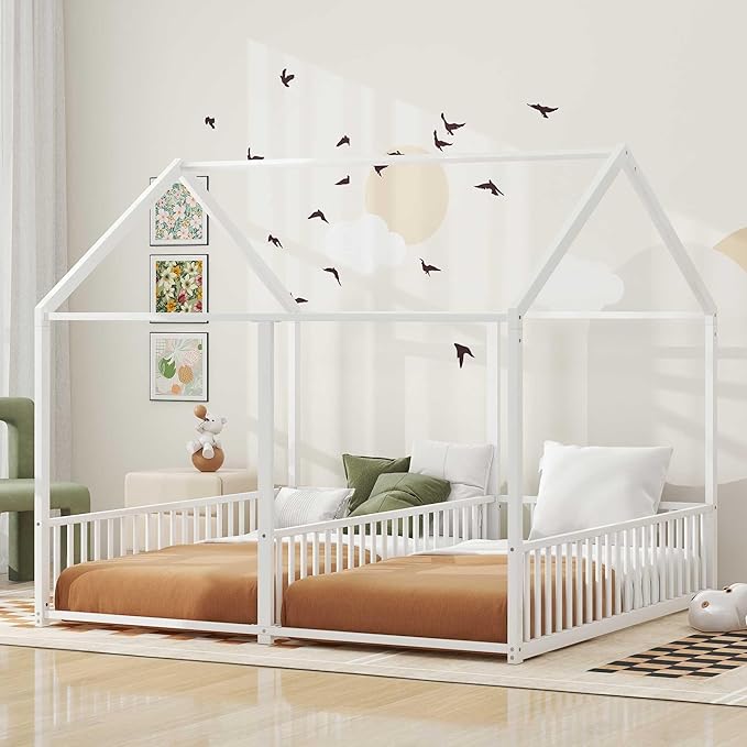 Harper & Bright Designs Metal Twin Size House Platform Bed Frame for Boys Girls Kids Adults Toddler, Two Shared Beds, White