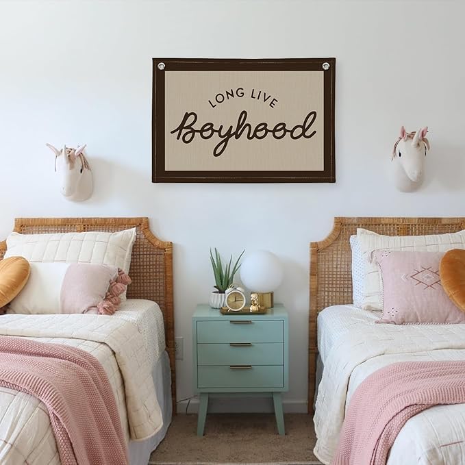 Long Live Boyhood Banner, Boy Nursery Decor, Canvas Banner Wall Hanging Flag Decor for Nursery Playroom Toddler Room, Boys Kids Room - Brown