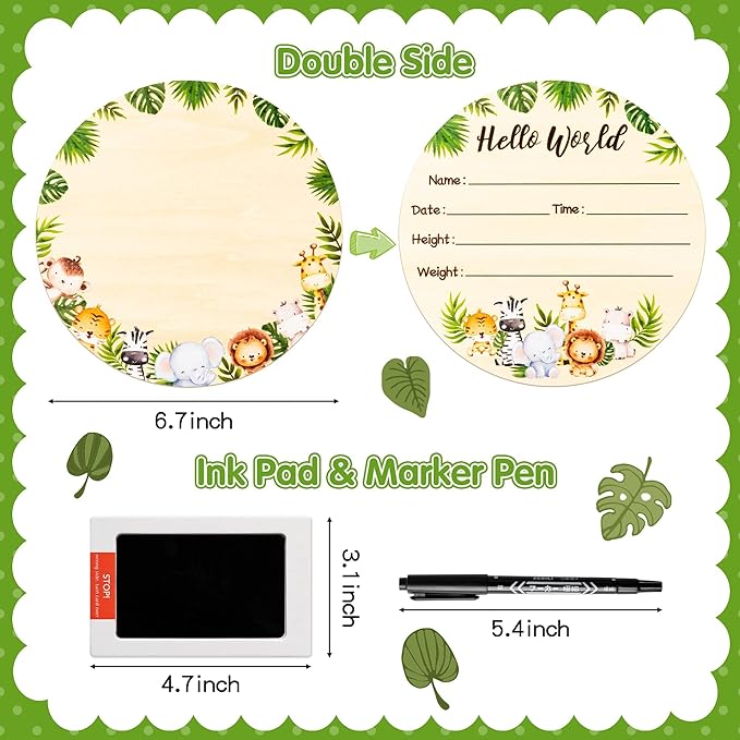 R HORSE Baby Birth Announcement Sign with Marker Pen, Safari Animals Baby Name Sign with Ink Pad for Hand and Footprints, Wooden Hello World Newborn Announcement Nursery Decor Keepsake Gifts