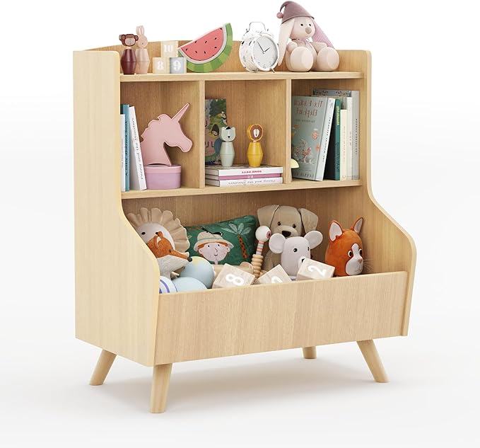 Curipeer Kids Bookshelf and Toy Storage, 3-Tier Wooden Bookcase, Baby Book and Toy Storage Display Organizer with Spacious Top Shelf for Children, Friends, Family, Natural Wood Color