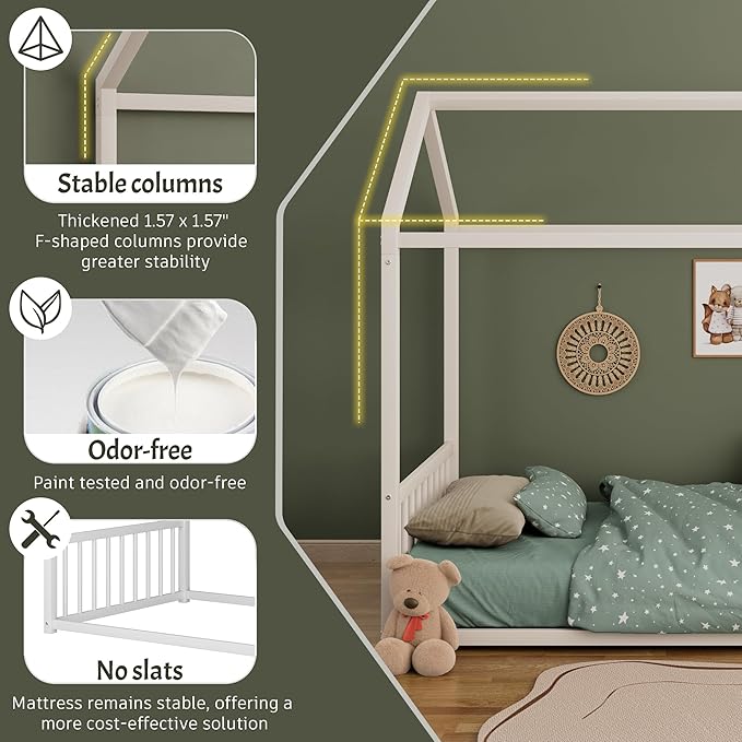 Montessori Style Metal Floor Bed Frame, House Shaped Bed with Vertical Safety Guardrails for Kids and Toddlers, Easy Assemble, No Slats, Twin Size, White