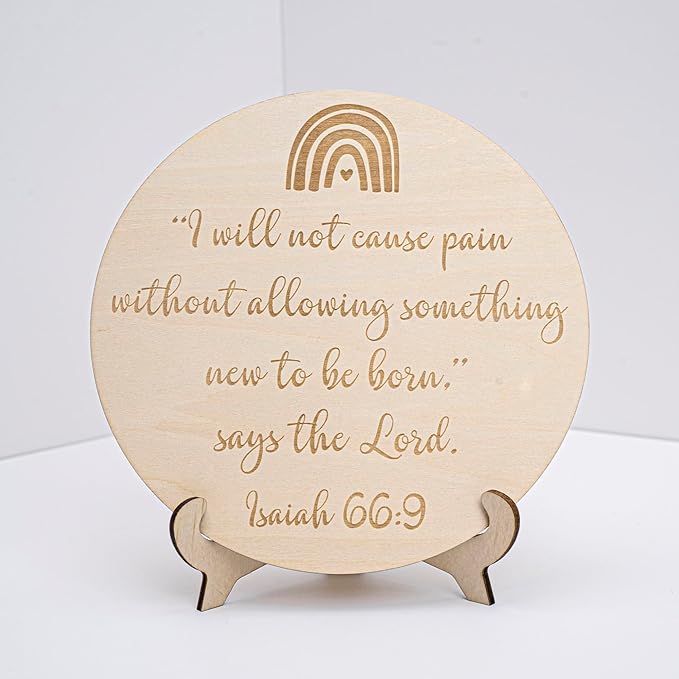 Wooden Rainbow Baby Scripture Sign, 6 Inch Round Nursery Wall Decor with Stand, Isaiah 66:9 Bible Verse Quote, Birth Announcement Plaque