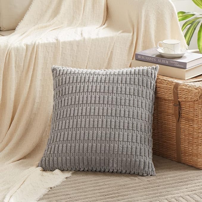 Fancy Homi 2 Packs Gray Farmhouse Decorative Throw Pillow Covers 14x14 Inch for Living Room Couch Bed Sofa, Rustic Boho Home Decor, Soft Striped Corduroy Square Cushion Case 35x35 cm