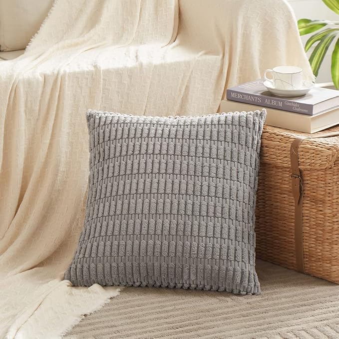Fancy Homi 2 Packs Gray Euro Farmhouse Decorative Throw Pillow Covers 26x26 Inch for Living Room Couch Bed Sofa, Rustic Boho Home Decor, Soft Striped Corduroy Square Cushion Case 66x66 cm