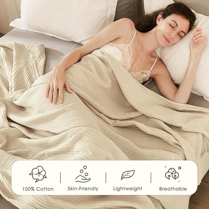 EMME Cotton Muslin Blanket Twin XL - 66"x90" Lightweight Breathable Light Tan Layering Bedspread Coverlet All Season Gauze