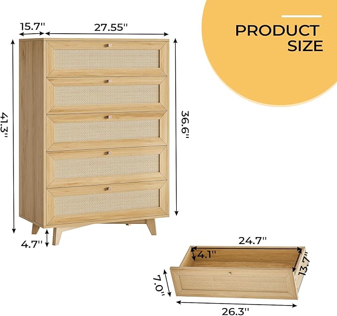 AOGLLATI Rattan Dresser for Bedroom with 5 Drawer, Modern Double Wooden Tall Bedroom Dresser, Chest of Drawers with Metal Handle & Solid Wood Legs for Bedroom/Living Room,