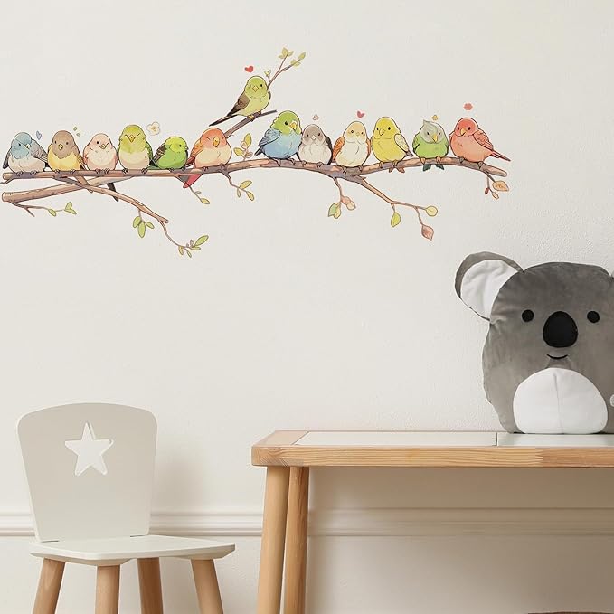 Cartoon Lovely Birds on The Branch Wall Stickers Nursery Wall Decals for Kid Removable Peel and Stick Wall Art Home Decor Decoration for Classroom Preschool Living Room Bedroom Bathroom