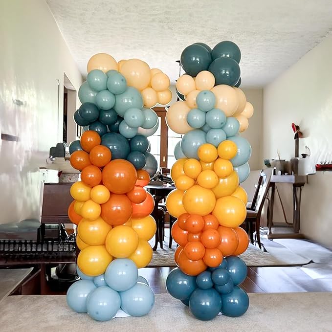 Retro Blue Yellow and Orange Balloons, 60PCS 12 Inch Slate Blue Burnt Orange Mustard Yellow Balloons for Here Comes the Son Baby Shower Kids Birthday Party Boho Party Decorations