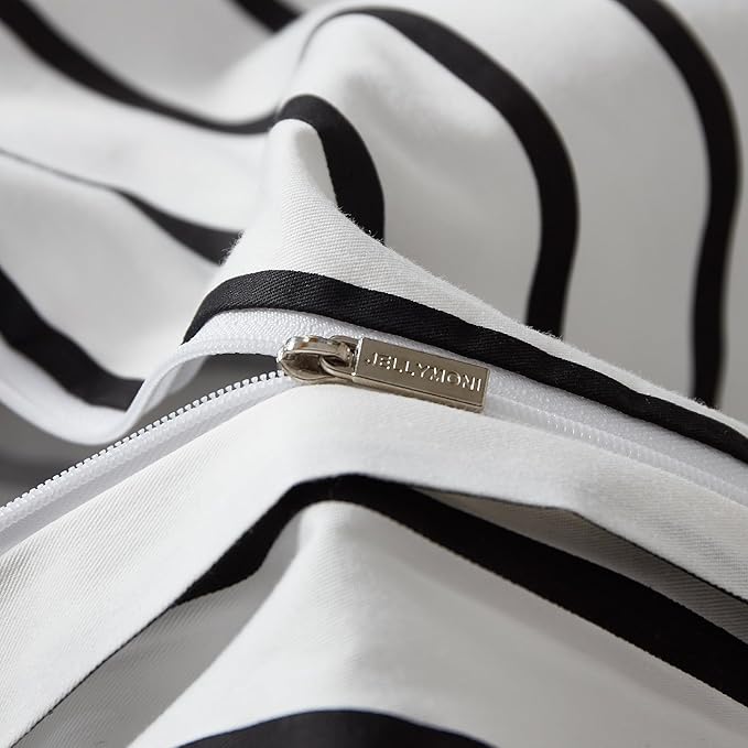 JELLYMONI 100% Natural Cotton 3pcs Striped Duvet Cover Sets, White Duvet Cover with Thick Black Stripes Pattern Printed Comforter Cover, with Zipper Closure & Corner Ties(King Size)