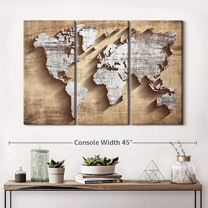 ElephantStock Dimensional World Map II Multi Piece Canvas - 3 Piece Canvas World Map Wall Decor - Wall Decor, Ready-to-Hang Print - Vintage Wall Art - 38" X 24"