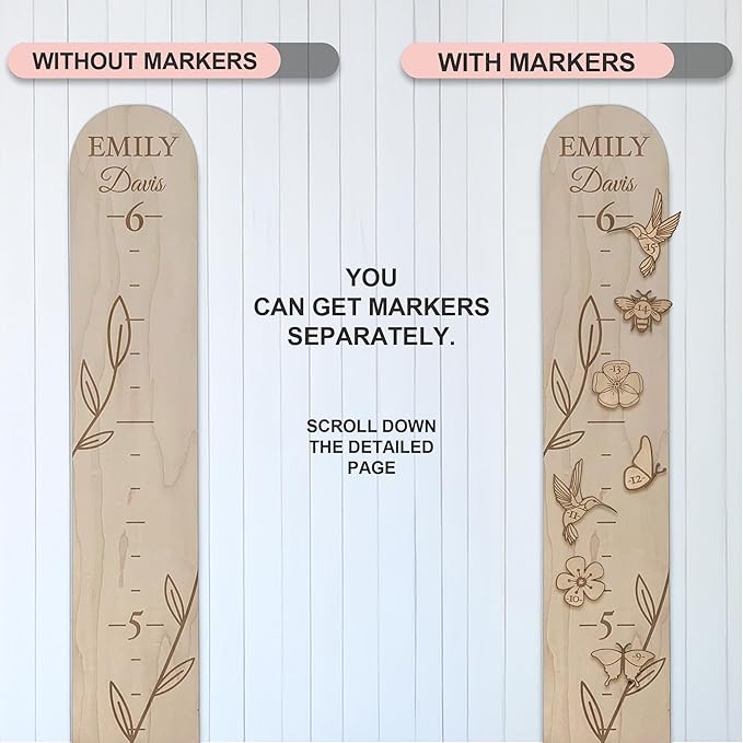 Personalized Wooden Growth Chart for Wall - Custom Name Kids Measurement Growth Chart for Girls, Child Height Measuring Chart Wooden, Baby Height Chart Wall Ruler Wood Wildlife Butterfly, 2 Sizes