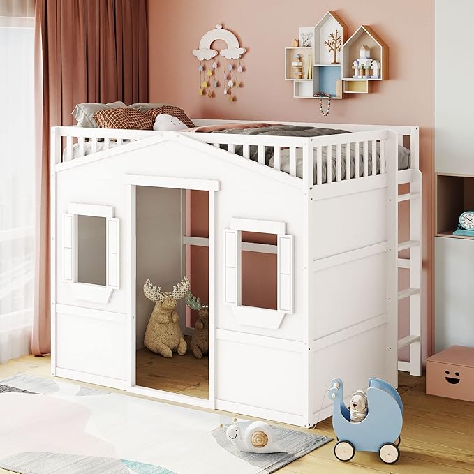 Full Size Loft Bed with Safety Guardrail for Kids Boys Girls, Playhouse Design Solid Wood Loft Bed Frame with Ladder and Windows, Strong Wood Slats Support, Space-Saving (White)