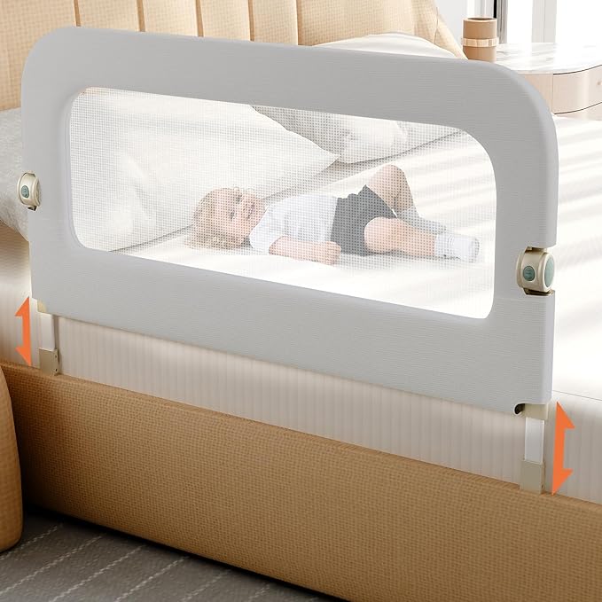omzer Bed Guard Rail for Toddlers - 47inch Foldable & Adjustable Height Baby Bed Safety Side Rails - Large Toddler Crib Railing Guard for Twin, Bunk, Full Size, Queen & King, Full Size Bed Grey