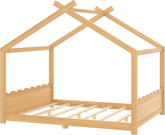 Queen Size Wooden House Floor Bed - Kids Bed Frame with Roof & Support Slats for Bedroom, No Box Spring Needed, Easy Assembly (Natural)