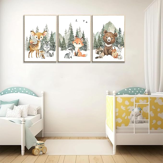 3Pcs Woodland Animal Nursery Canvas Wall Art Forest Adventure Theme Animals Picture Posters Wall Decor Cute Watercolor Deer Bear Fox Painting Print Artwork for Kids Baby Bedroom Decor 12x16in Unframed